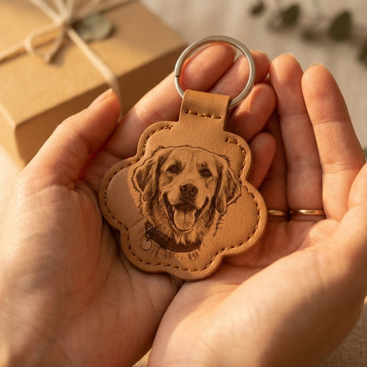 Hand holding a leather keychain with a dog's face engraving, gift box in the background