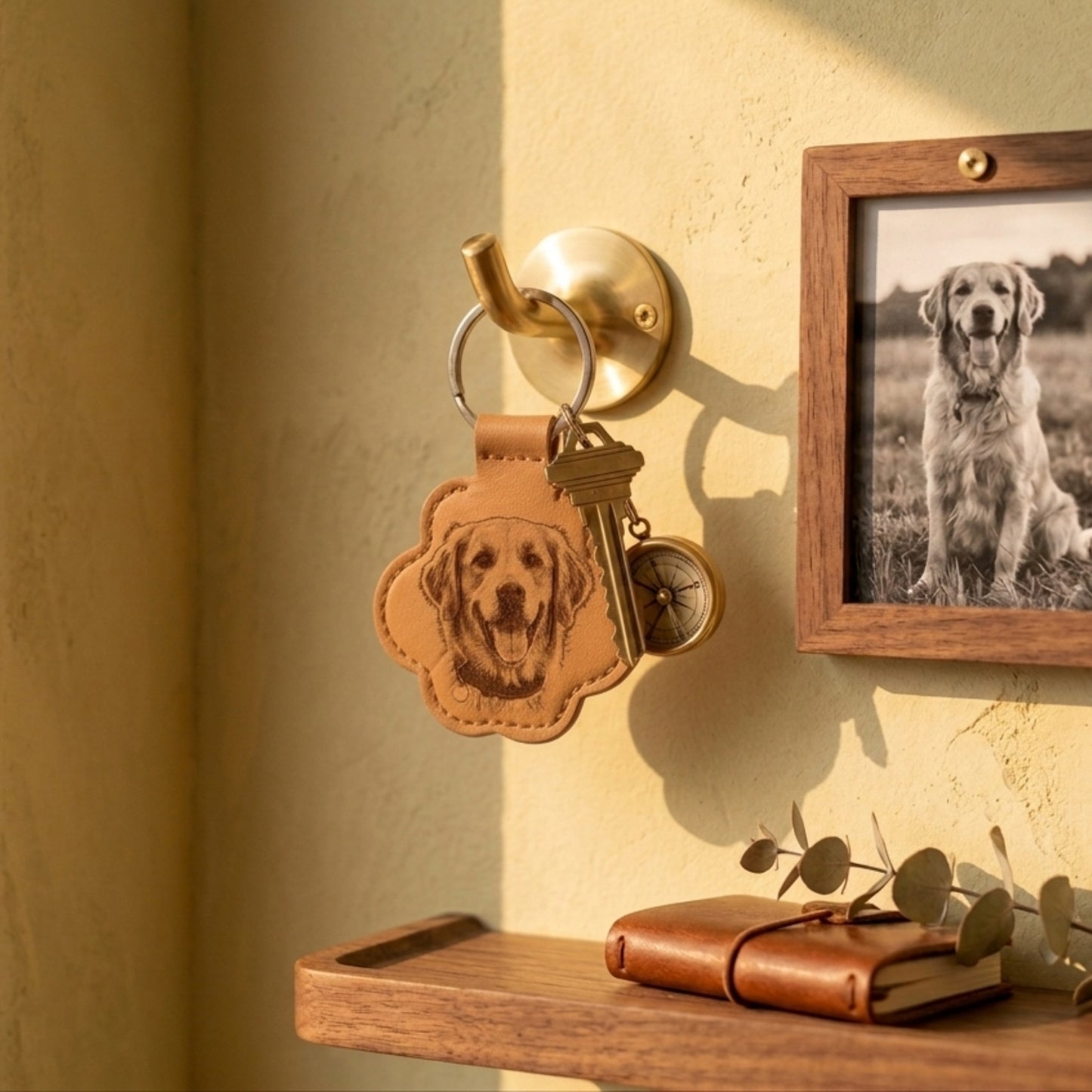 Leather keychain with dog's face, key, and compass on a wall hook next to a framed photo of a dog.