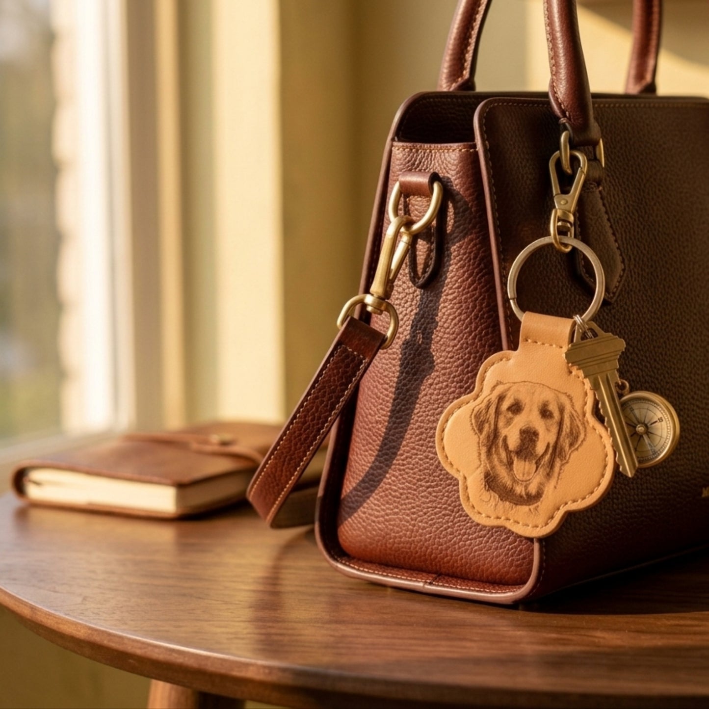 Brown leather handbag with a keychain featuring a dog's face on a wooden surface.