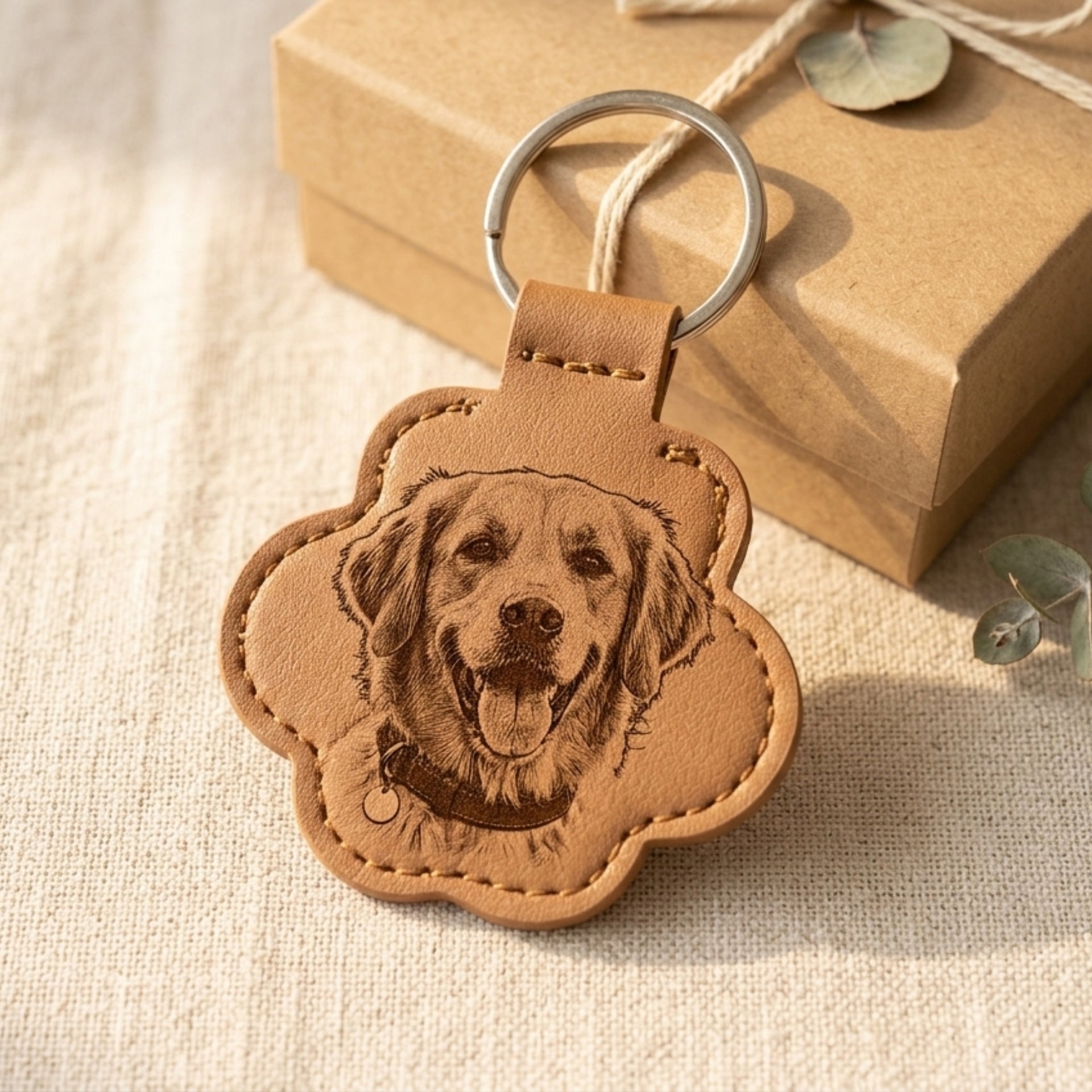 Brown leather keychain with dog engraving on a beige fabric background