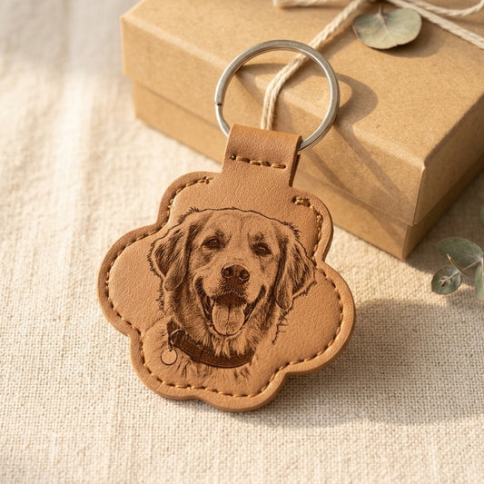 Brown leather keychain with dog engraving on a beige fabric background