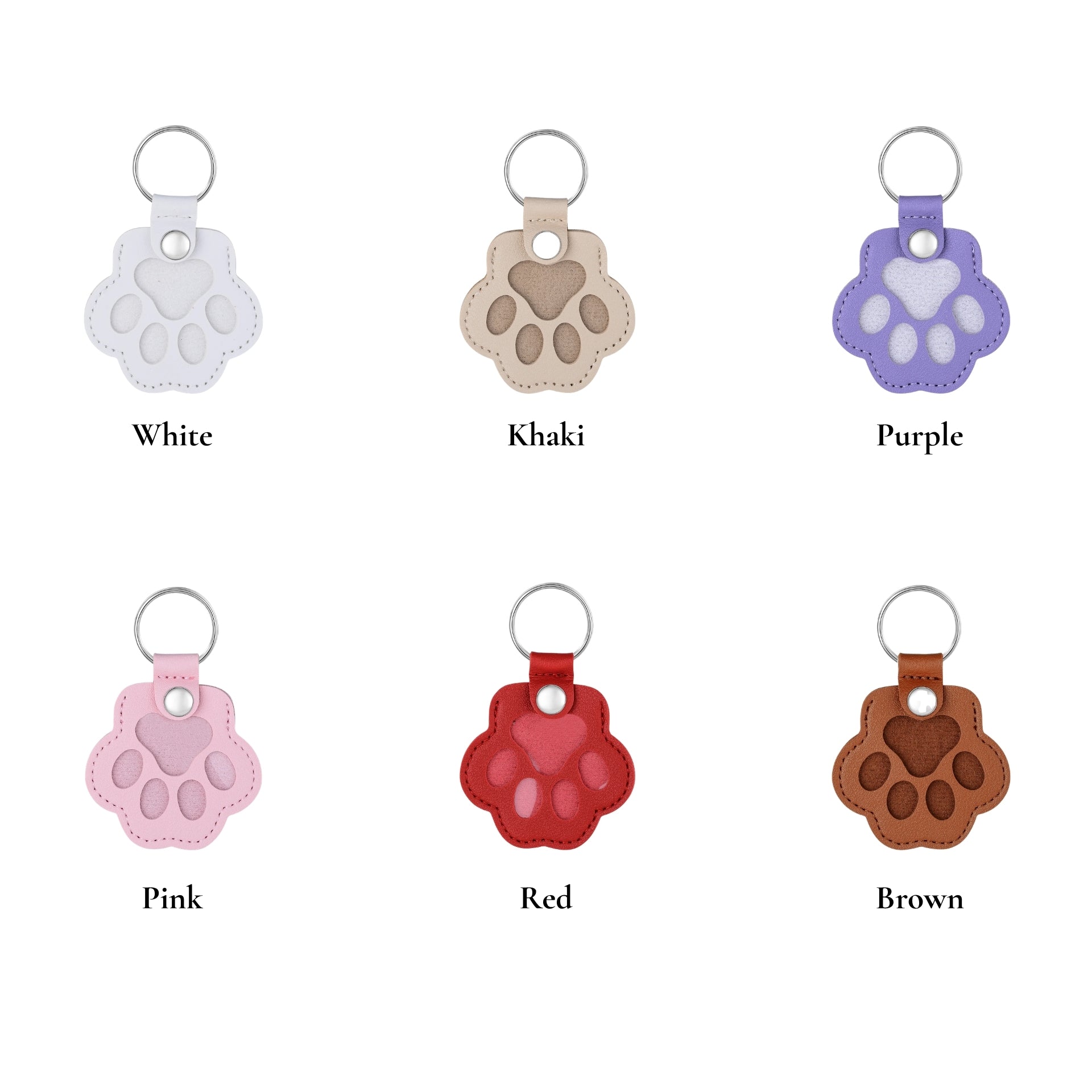 Set of paw-shaped keychains in various colors on a white background